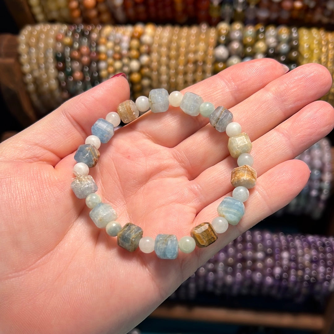 Blue Calcite Faceted Cube Bead Bracelet