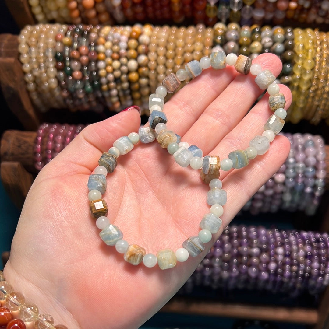 Blue Calcite Faceted Cube Bead Bracelet