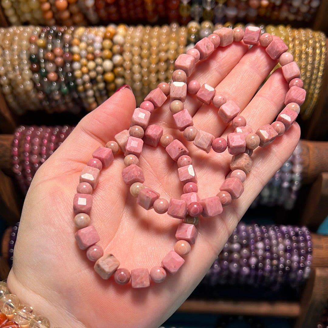 Rhodonite Faceted Cube Bead Bracelet