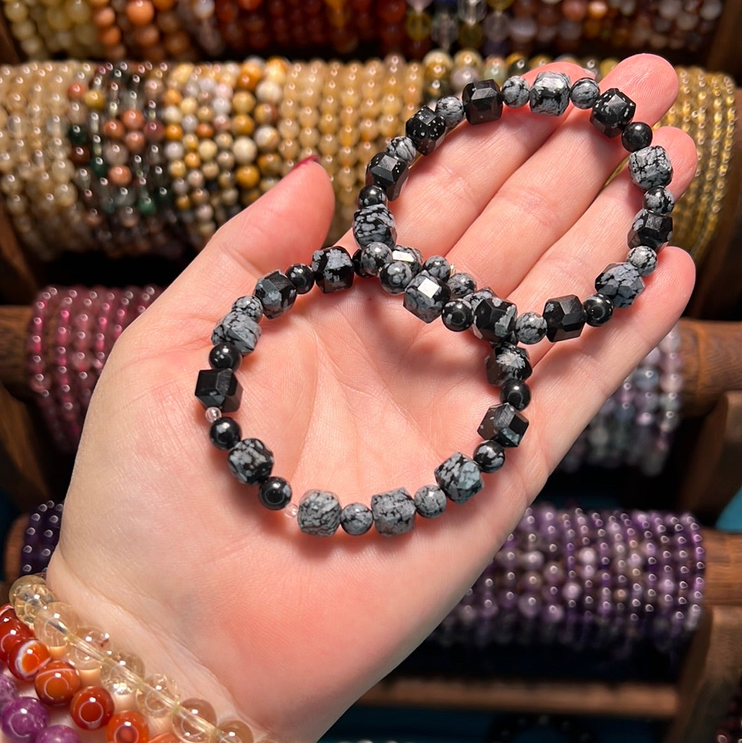 Snowflake Jasper Faceted Cube Bead Bracelet