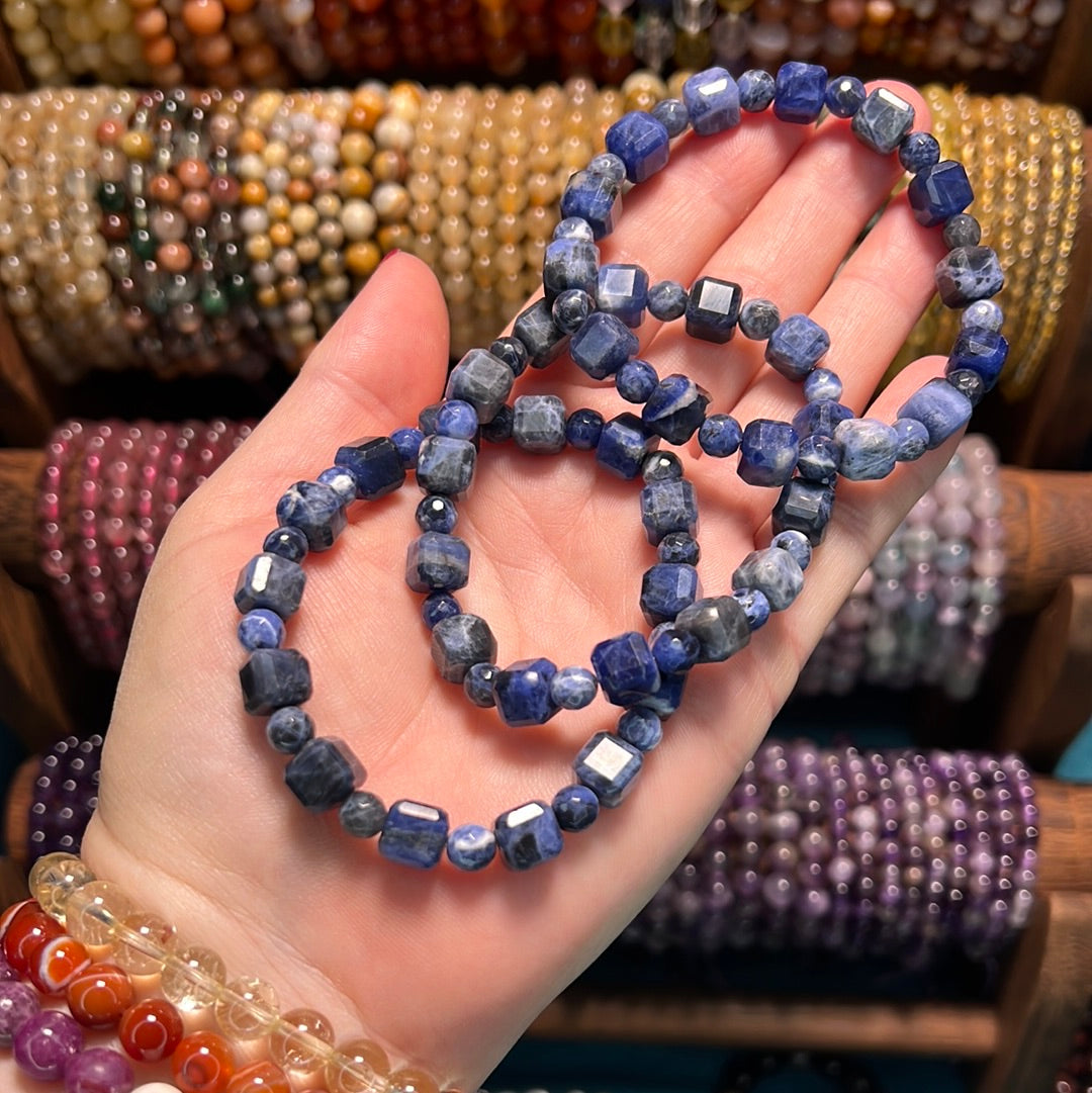 Sodalite Faceted Cube Bead Bracelet