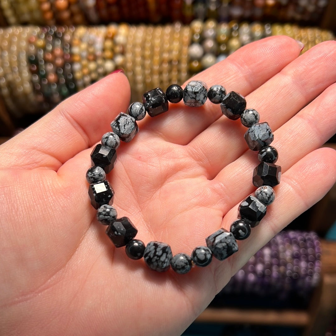 Snowflake Jasper Faceted Cube Bead Bracelet